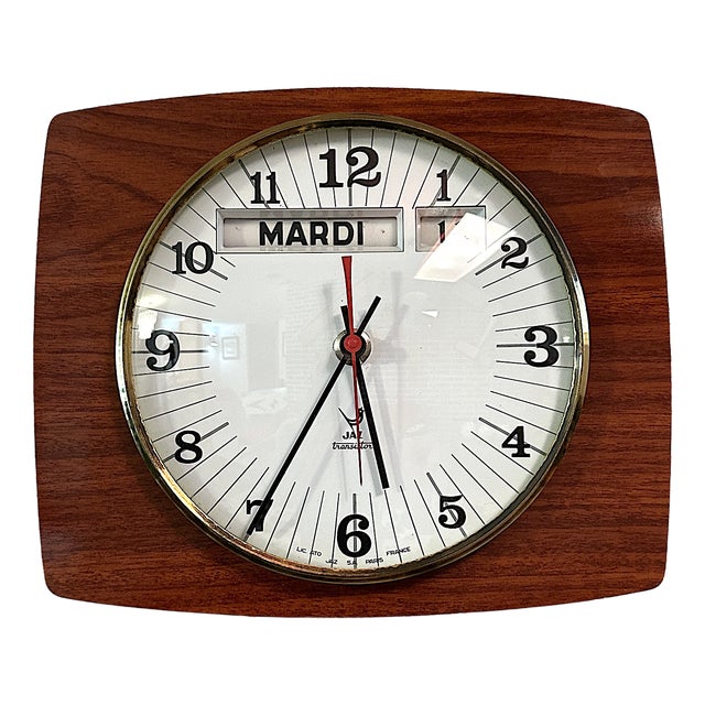 French JAZ Transistor Wall Clock with Calendar, 1960s For Sale
