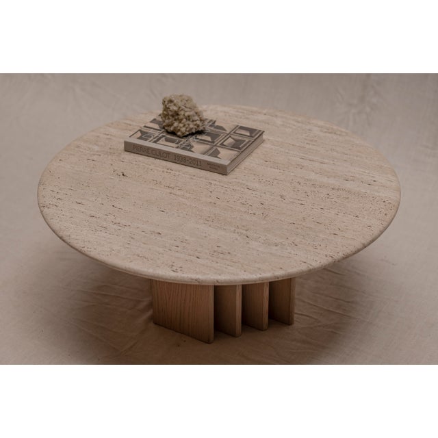 Mid-Century Modern Coffee Table in Oak and Travertine, 1970s For Sale - Image 9 of 11