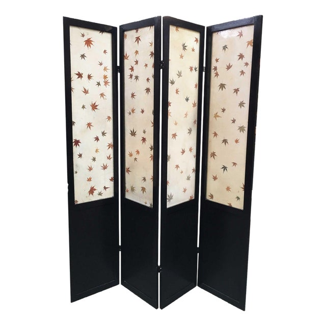 1950s Black Lacquer Folding Screen W/ Fiberglass Maple Leaf Inserts For Sale