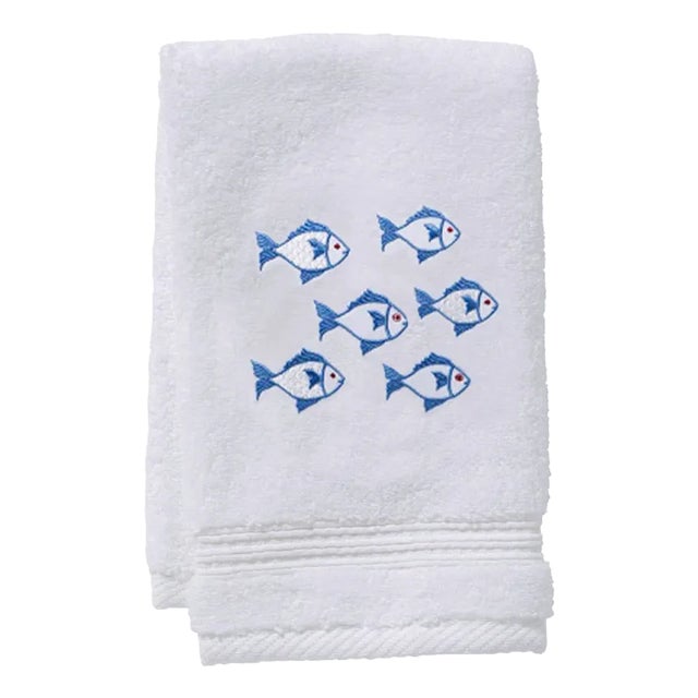 Blue School of Fish Terry Gust Towel, Embroidered For Sale