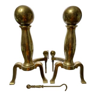 Antique Federal Cannonball Solid Brass Fireplace Andirons & Damper Hook For Sale