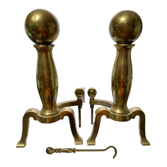 Antique Federal Cannonball Solid Brass Fireplace Andirons & Damper Hook For Sale
