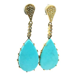 Italian 18k Gold Turquoise and Diamond Drop Earrings, Pair For Sale