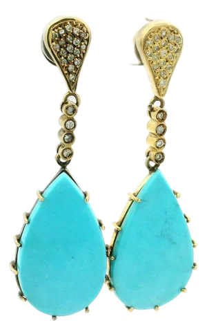 Italian 18k Gold Turquoise and Diamond Drop Earrings, Pair