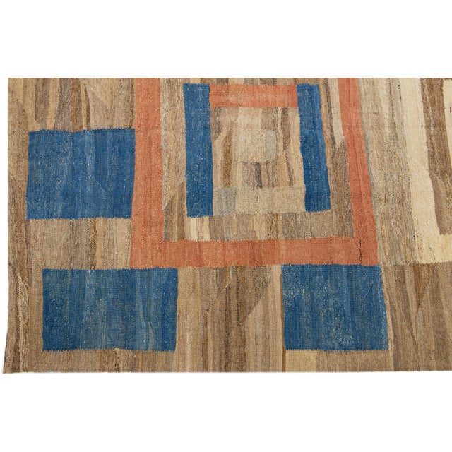 2020s Mid-Century Modern Style Kilim Wool Rug With Brown Field For Sale - Image 4 of 7