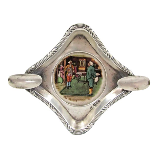 1920s Victorian Sterling Silver J&R Hand Painted Ashtray the Rivals by Victor Venner For Sale