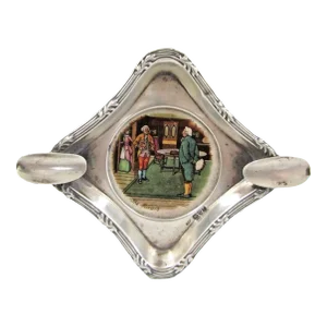 1920s Victorian Sterling Silver J&R Hand Painted Ashtray the Rivals by Victor Venner
