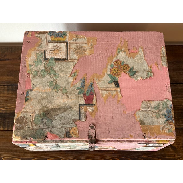 Antique and charming rustic box, painted a pretty pink with peeling wallpaper. Handmade, circa late 1800s. Please see...