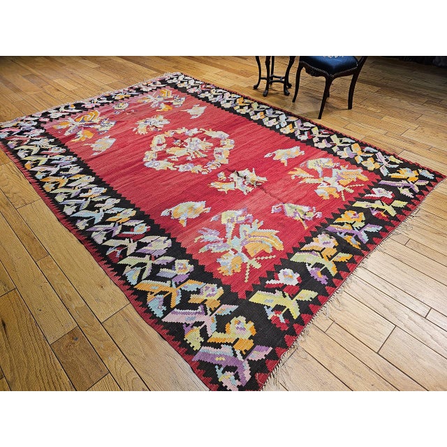 Vintage Caucasian Karabagh Kilim, Handwoven Floral Pattern, Red & Black, 7x10 For Sale - Image 9 of 12