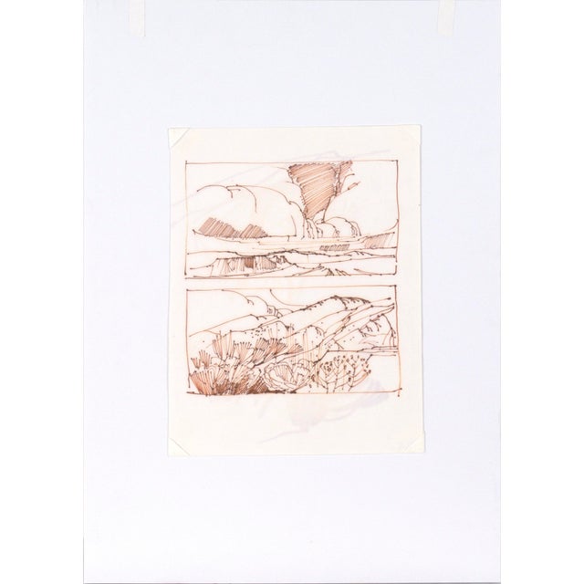 Two High Desert Landscapes - Line Drawing in Sepia-Toned Ink on Paper Bold landscape line drawings by listed Maine artist...