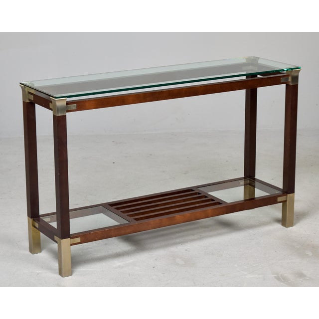 Italian Mid-Century Walnut & Brass Console Table With Glass Top For Sale - Image 13 of 13