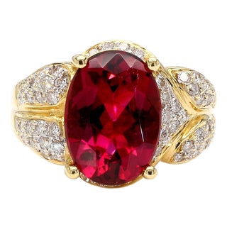 10 Carat Rubellite Tourmaline Diamond 18k Gold Vintage Cocktail Ring, Size 7.75 For Sale