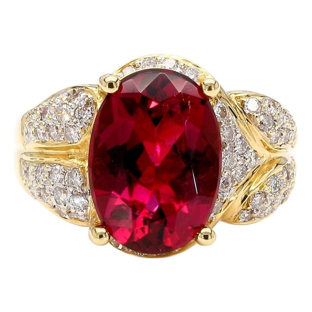 10 Carat Rubellite Tourmaline Diamond 18k Gold Vintage Cocktail Ring, Size 7.75 For Sale