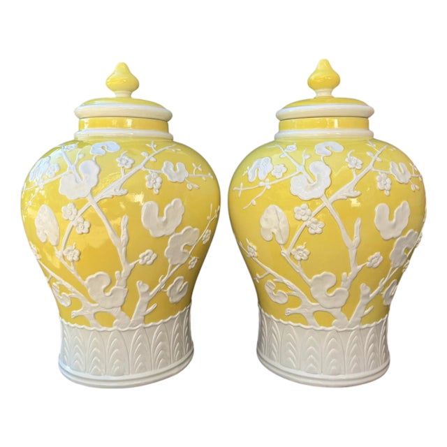 Mid 20th Century Italian Chinoiserie Yellow Prunus Relief Ginger Jars - A Pair For Sale