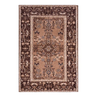 1920s Tan Taupe Medallion Traditional Antique Indian Agra Rug 4'6" X 6'6" Knotted Pile Wool Carpet For Sale