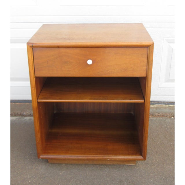 Vintage 1960 Kipp Stewart Walnut Nightstand / End Table for the Drexel Declaration line. The stand has one top drawer with...