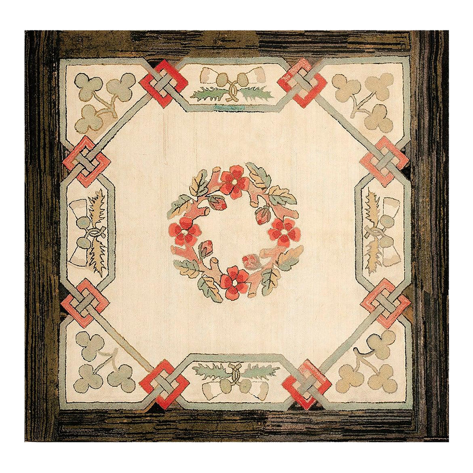 1920s Ivory Floral Craftsman Antique American Hooked Rug 5'9