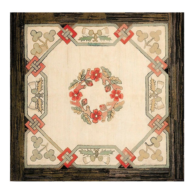 1920s Ivory Floral Craftsman Antique American Hooked Rug 5'9" X 6' Knotted Wool Cotton Carpet For Sale