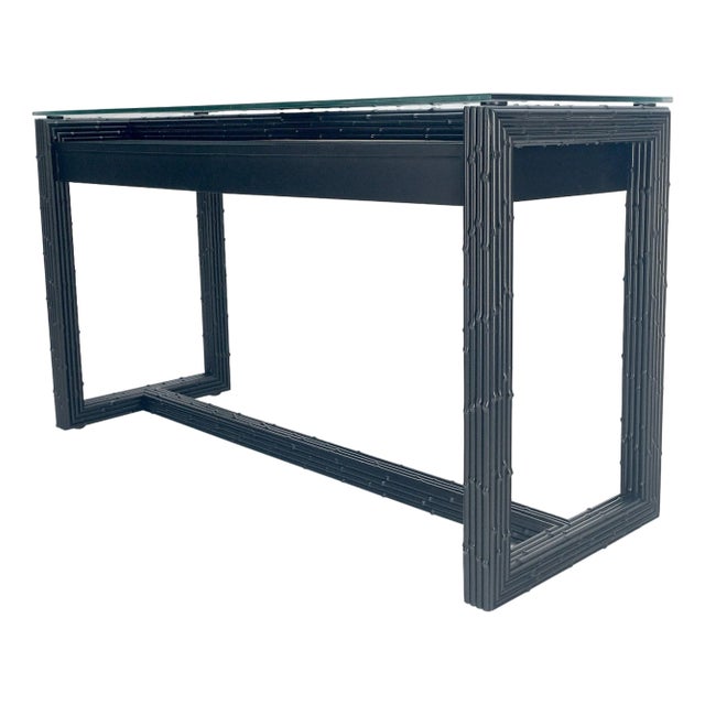 Ebonized Faux Bamboo Reed Two Door Glass Top Console Sofa Table For Sale