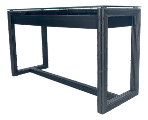 Ebonized Faux Bamboo Reed Two Door Glass Top Console Sofa Table
