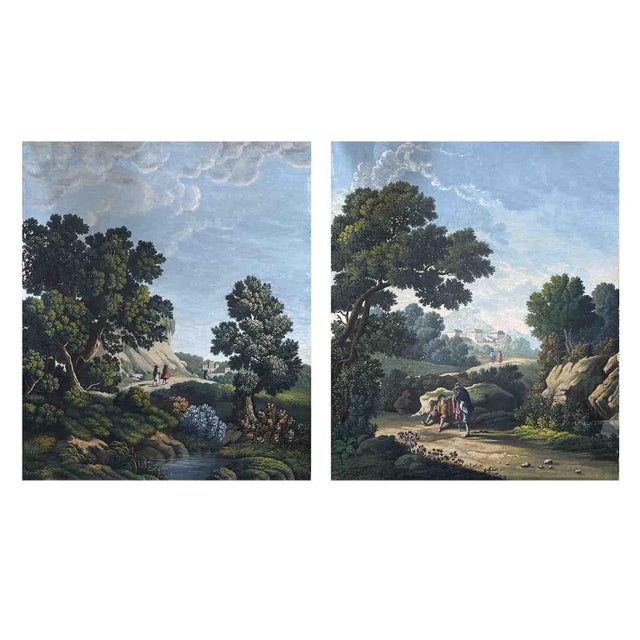 Italian Artist, Bucolic Landscapes, 1800s, Watercolor on Cardboard, Set of 2 For Sale - Image 14 of 14