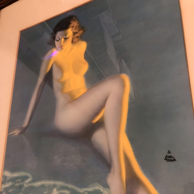 "Nude Figure at Blue Beach" lithograph by Earl Moran, beautifully framed with a white mat and original Mi-century era wood...