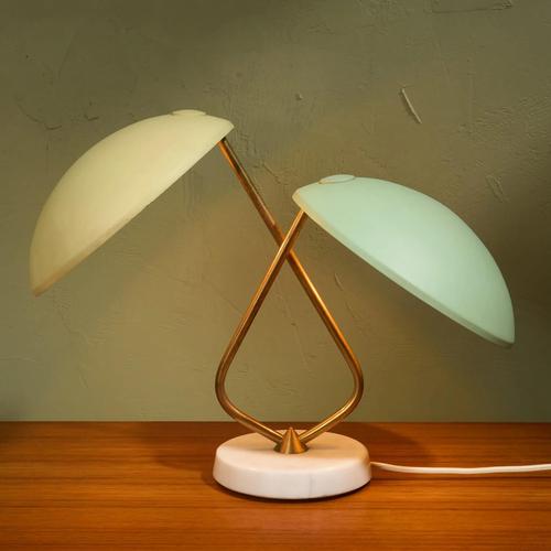 Table Lamp with 2 Shades in Pastel Yellow and Green with Brass Details by Bruno Gatta for Stilnovo, Italy, 1950s For Sale - Image 5 of 11