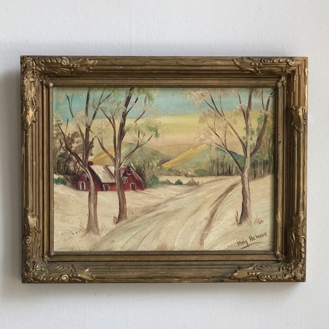 Mid-20th Century Winter Farmhouse Landscape, Oil on Board -- Framed For Sale - Image 4 of 12