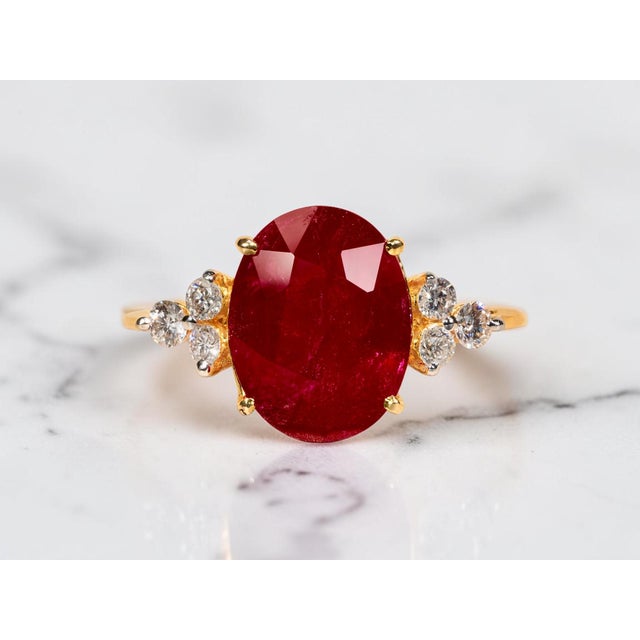 The Allyns Alley: Ladies 18K Yellow Gold Ring set with 3.44 CT Oval Ruby and Diamonds For Sale - Image 13 of 13