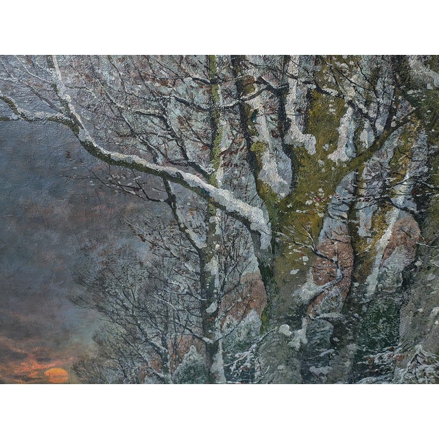 A. Gustav Schweitzer, Winter Night Landscape, Oil on Canvas For Sale - Image 11 of 16