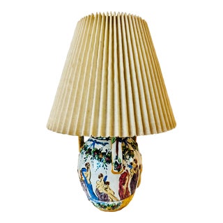 Early Italian Majolica Style Terra Cotta Roman Relief Jar Lamp With Linen Shade For Sale