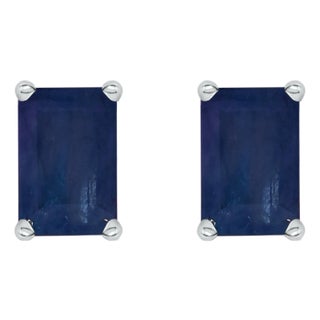 14K White Gold 6x4MM Emerald Shaped Sapphire Solitaire Stud Earrings For Sale