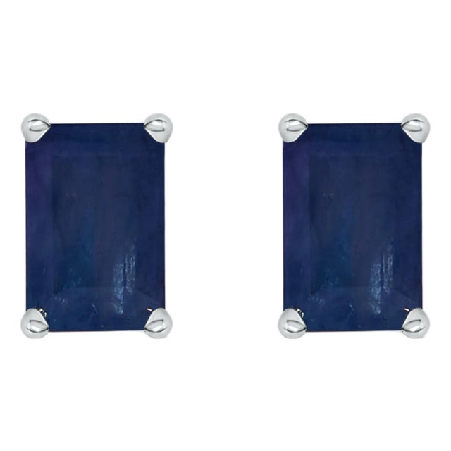 14K White Gold 6x4MM Emerald Shaped Sapphire Solitaire Stud Earrings For Sale