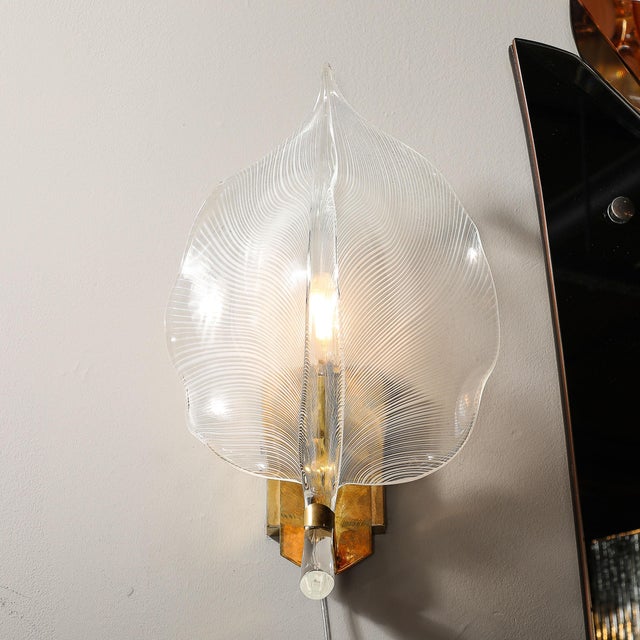 Mid-Century Modern Pair of Mid-Century Hand-Blown Murano Glass Striated Leaf Sconces by Franco Luce For Sale - Image 3 of 12