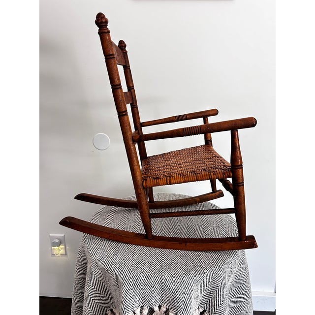 Farmhouse Vintage Solid Wood Child’s Rocking Chair With Woven Rush Seat Colonial Revival Style For Sale - Image 3 of 13