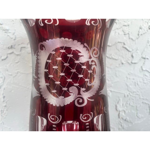 Mid-Century Modern Egermann Bohemian Ruby Cut-to-Clear Engraved Vase – 12.25” For Sale - Image 3 of 12