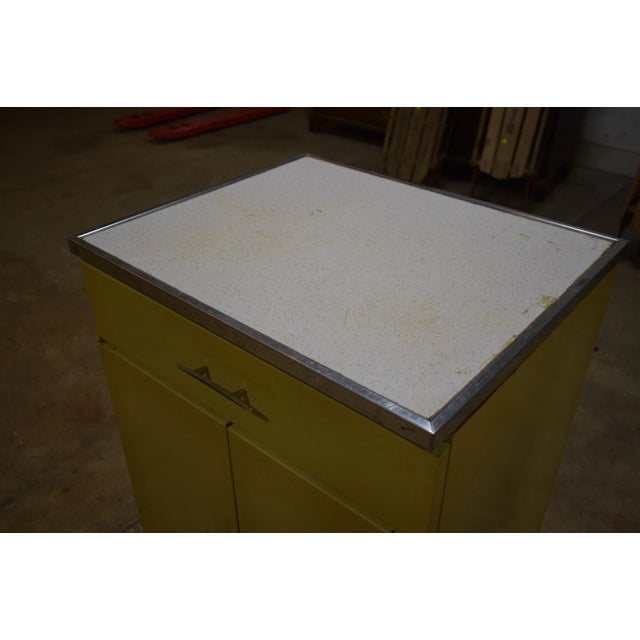 1950s Vintage 1950s Yellow Metal Kitchen Cabinet W/ Formica Top Mid-Century For Sale - Image 5 of 14