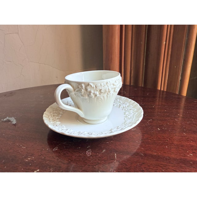 Neoclassical Mid-Century, Neo-Classical Wedgwood Queens Ware Embossed Cream on Cream Demitasse Cup and Saucer For Sale - Image 3 of 10