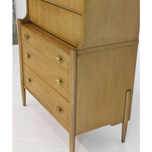 Tall Highboy Light Walnut Multi-Drawer Cabinet Sliding Leather Doors Brass Pulls For Sale - Image 12 of 13