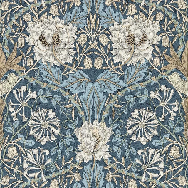 Morris & Co Honeysuckle & Tulip Wallpaper in Woad/Thyme For Sale