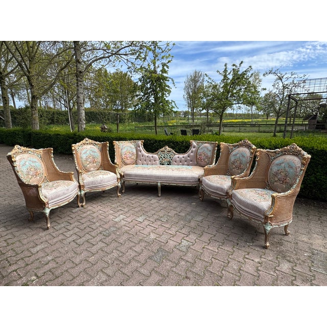 1940 French Louis XVI Pastel Cane Sofa Set - 5 Pc For Sale - Image 18 of 18