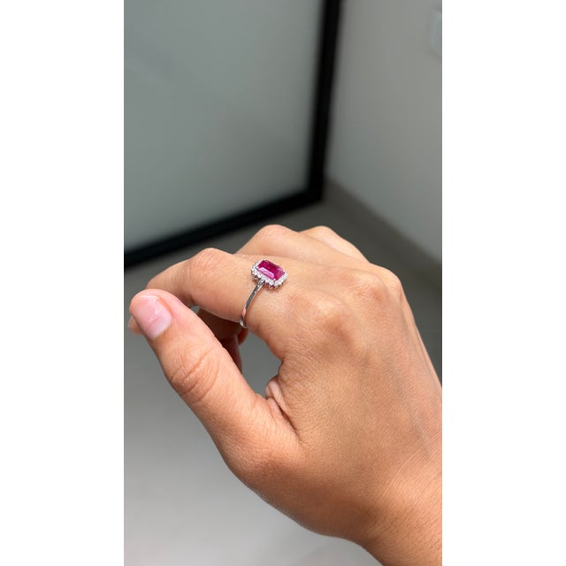 1.05ct Emerald-Cut Ruby & Diamond Halo Engagement Ring Size 5.5 in 14k Gold For Sale In New York - Image 6 of 16