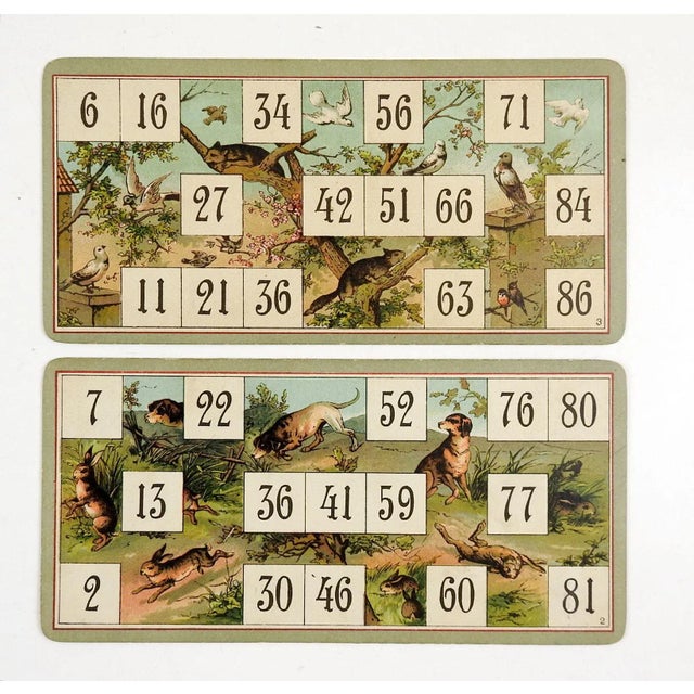 Circa 1890's lithographed game cards. This pair has dogs, rabbits, birds and squirrels. No markings, but most likely...