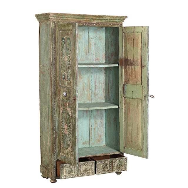 Antique Indian Carved and Painted Armoire For Sale - Image 4 of 5
