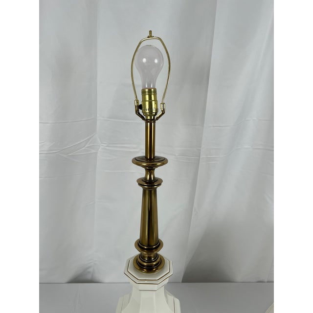 White Vintage Tall Stiffel Brass & White Porcelain Lamp For Sale - Image 8 of 11