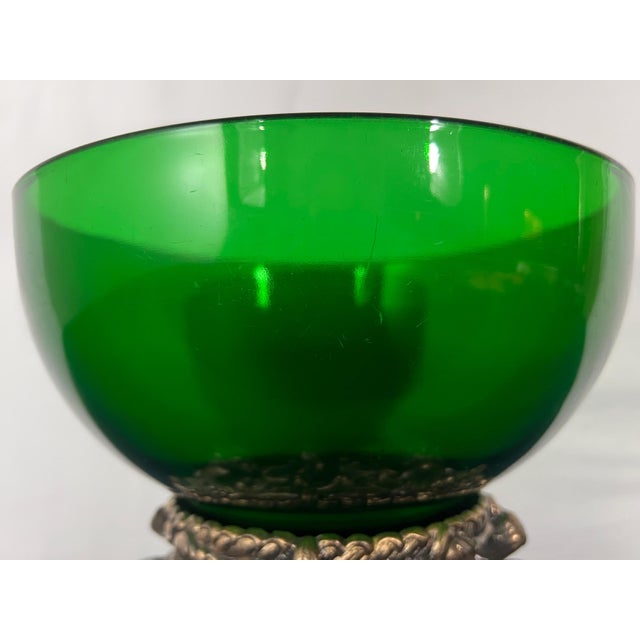 Metal Emerald Green Art Glass Centerpiece Bowl on Ornate Hollywood Regency Pedestal Stand For Sale - Image 7 of 12