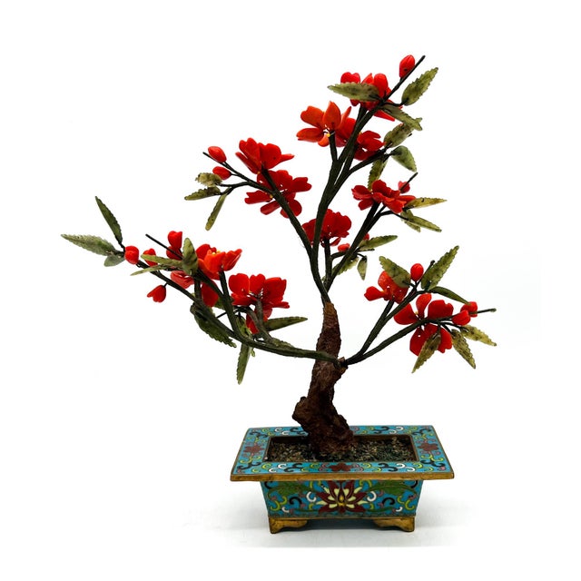 Chapman Manufacturing Company Vintage Cloisonné Flowering Jade Bonsai Tree in Enamel Planter | Chinoiserie Décor Accent - Hollywood Regency, Asian Inspired, Traditional For Sale - Image 4 of 12