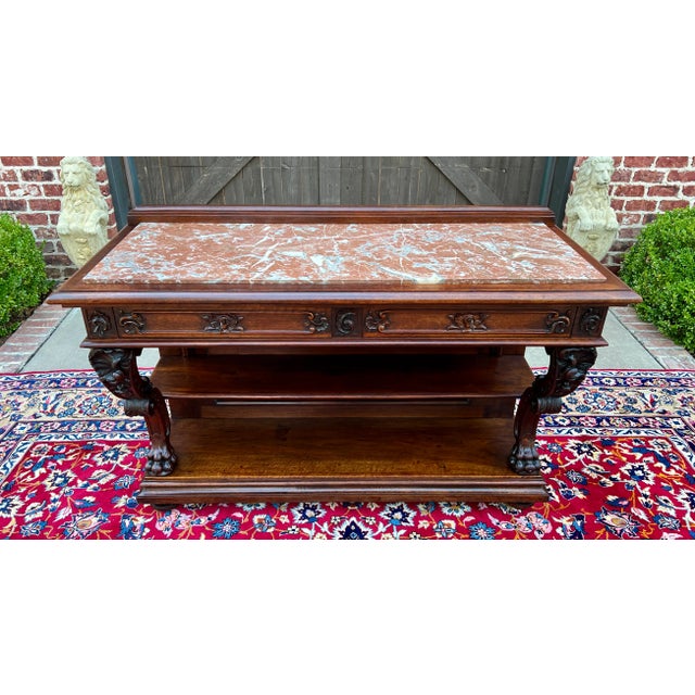 Antique French Gothic Server Sideboard Console Table 2-Tier Walnut Marble Top For Sale - Image 11 of 12