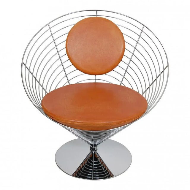 Wire Cone Chair Set with Brown Patinated Leather by Verner Panton for Fritz Hansen, 1980s, Set of 5 For Sale - Image 3 of 8