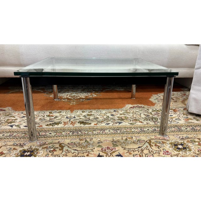 Metal Cassina Signed Lc10-P Low Le Corbusier Glass Coffee Cocktail Table For Sale - Image 7 of 10